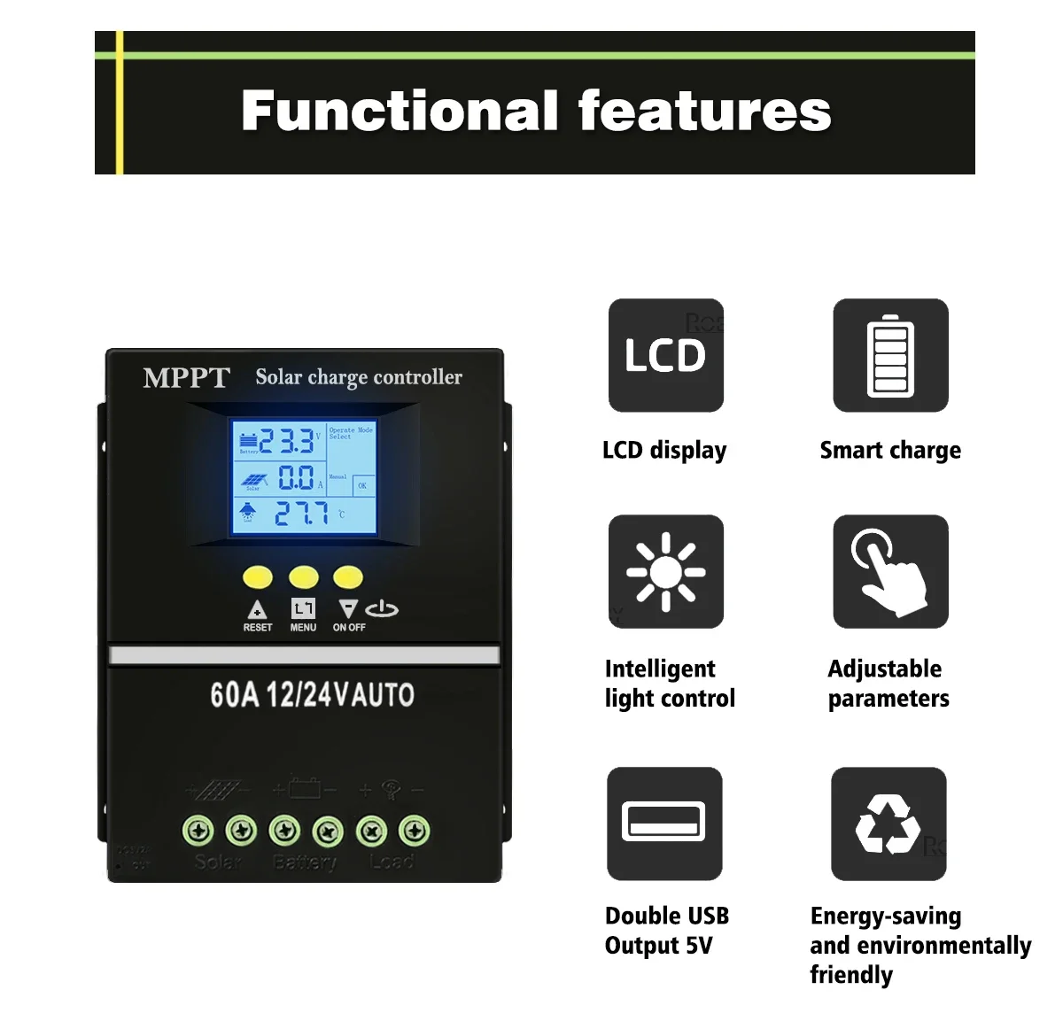 Imagem -03 - Ferramentas de Controlador de Carga Solar Mppt 60a 12v 24v Carregador Rápido Dual Usb Bateria de Lítio de Chumbo Aacid com Display Lcd