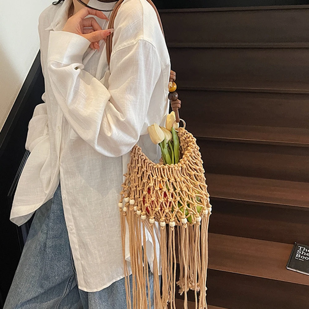 Long Tassel Mesh Women Shoulder Bag Hollow Fishing Net Knitting Crossbody Bags Handmade Crochet Hobo Tote Beaded Beach Bag NEW