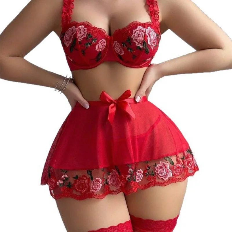Bikini Red Embroidery Transparent Tempting Sexy Lingerie Set Three-Piece Set