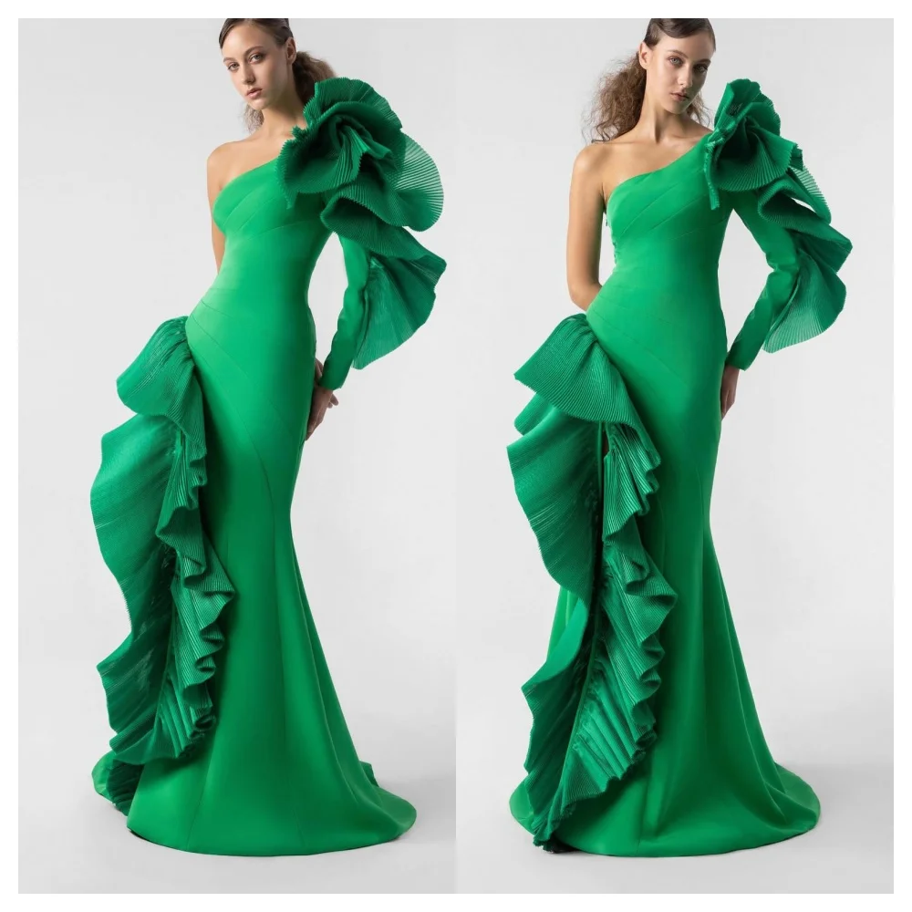 

Customized Exquisite Green Jersey Evening Dress Delicate One Shoulder Sleeveless Party Dress High Quality Celebrity Gowns