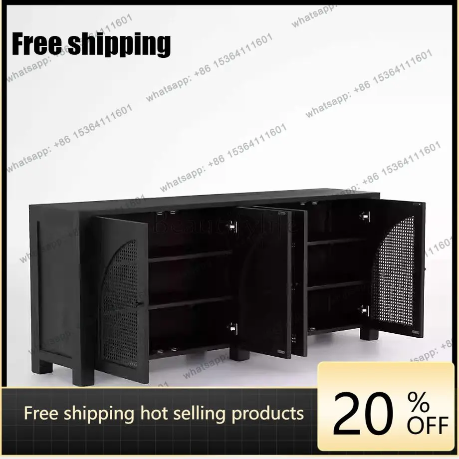 

LD American solid wood dining side cabinet rattan retro black locker wabi sandy wind