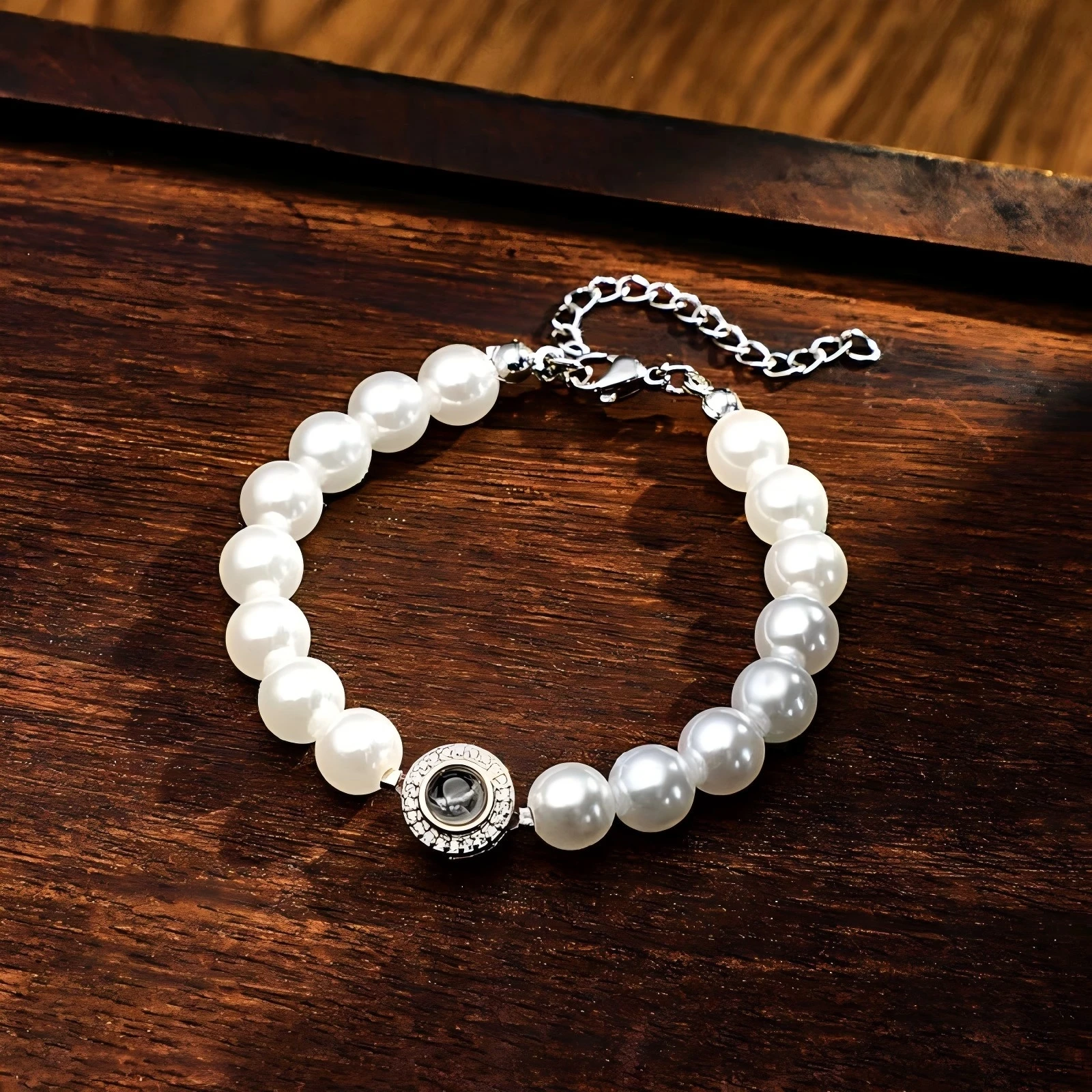 Pulsera de cadena de perlas con proyección de fotos, colgante circular, chapado en oro de 18 quilates, joyería personalizada con imagen, regalo para ella, Día de la Madre