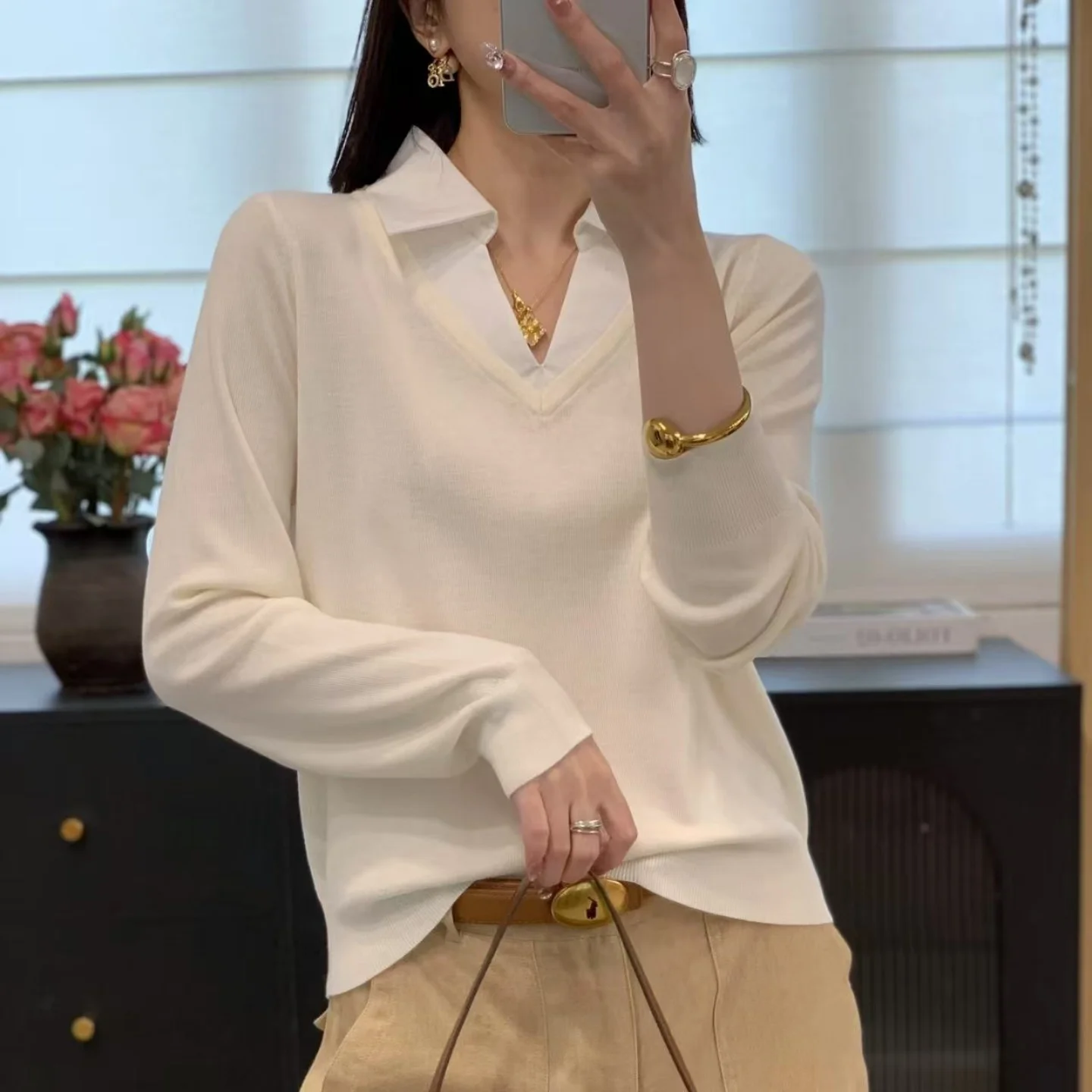 Korean Style Long Sleeve Knitted Sweater Women's Loose Fit Slimming Versatile Top Fine Wool Soft Comfortable Flip Collar