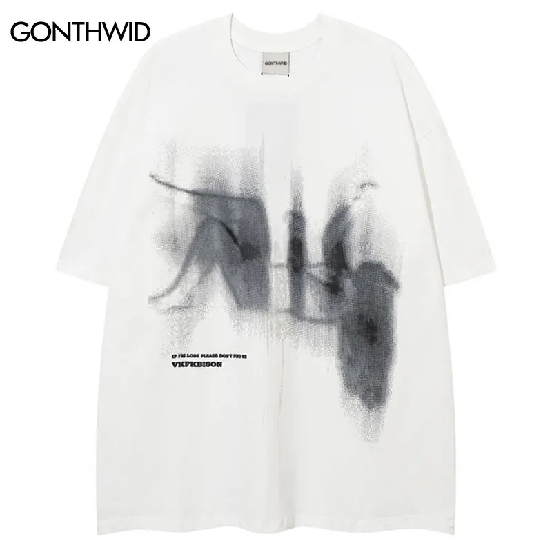 Men Tshirt Streetwear Falling Abstract Graphic Print Oversize T-Shirt Hip Hop Punk Gothic Loose Shirts 2024 Harajuku Cotton Tops