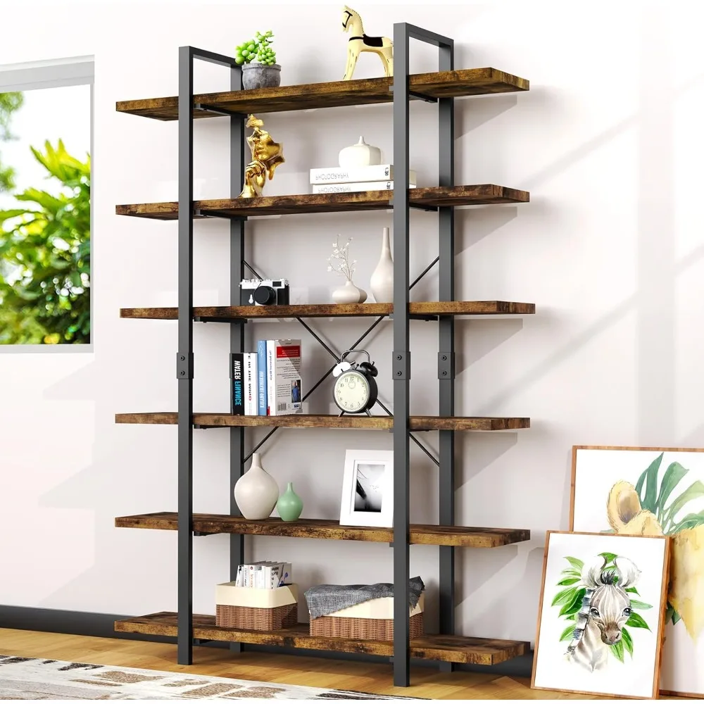 Bookshelf 6 Tier, Large Wall Etagere Rustic Vintage Book Shelf with Metal Frame, Open Storage Rack Modern Bookshelf