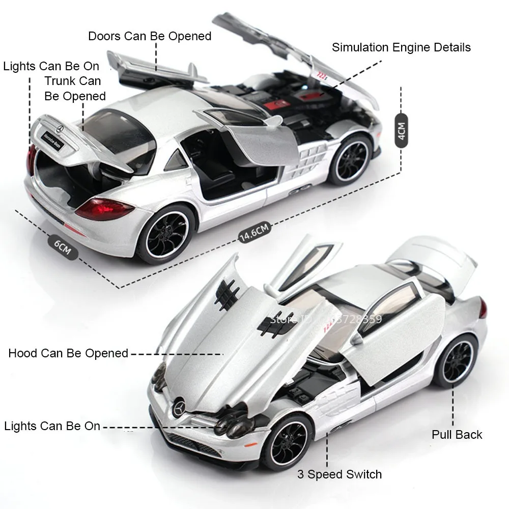 1:32 SLR 772S 300SL Sports Car Model Toys Alloy Diecast Miniature Supercar Sound Light Doors Opened Pull Back for Children Gifts