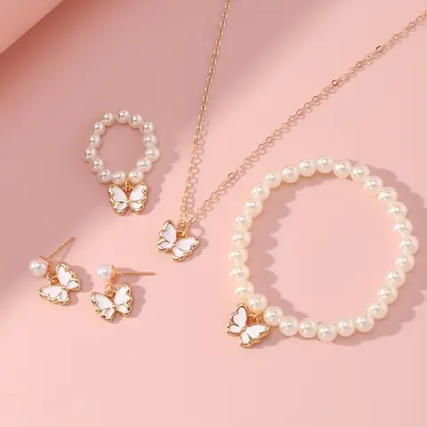 Butterfly Jewelry Set Imitation Pearl Romantic Bracelet Ring Necklace Earring Set Women Wedding Dinner Dress Accessories