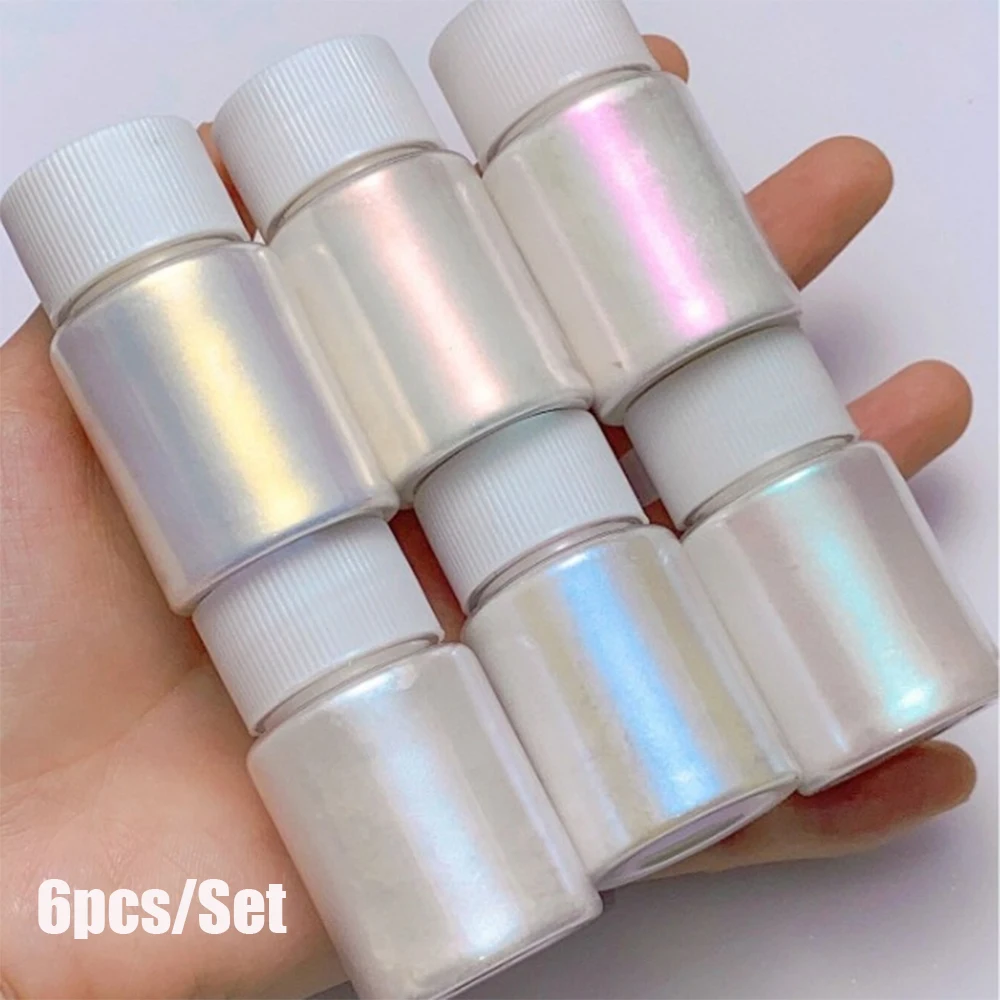 6 Dozen/Set Aurora Nagelpoeder Parel Glitter Pigment Stofeffect UV Gel Polish Chrome Nail Art AB Kleur dompelpoeder Decoratie