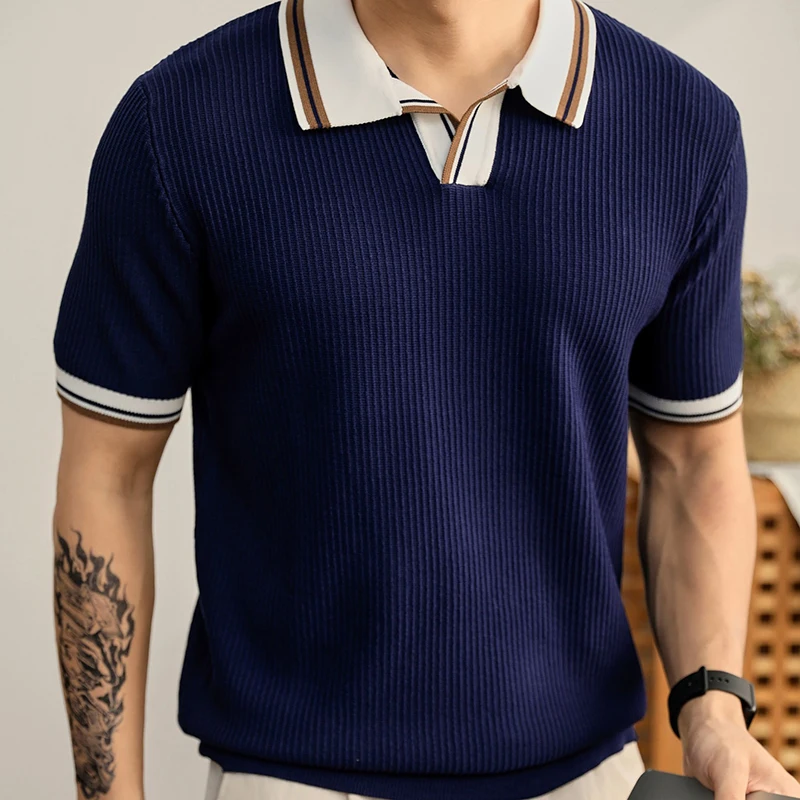 Herren Kontrastfarben Business Casual Strick-Poloshirt Modisches Jacquard-Klassiker-Poloshirt mit Reverskragen Kurzarm Strickhemd Oberteil