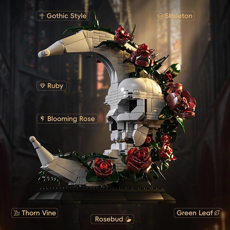 MOC Gothic Skull Moon Rose Dark Romantic Building Blocks  Assembly Decor Rose Model Ornament Blocks Birthday Christmas Gift view 3