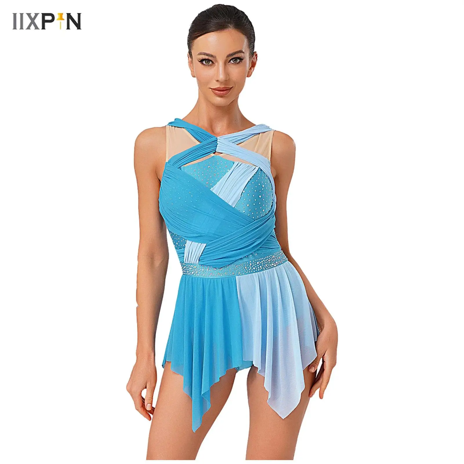 

Women's Rhinestone Lyrical Dance Dress Sleeveless Color Block Mesh Ruched Twisted Knot Irregular Hem Leotard Dress Dancewear