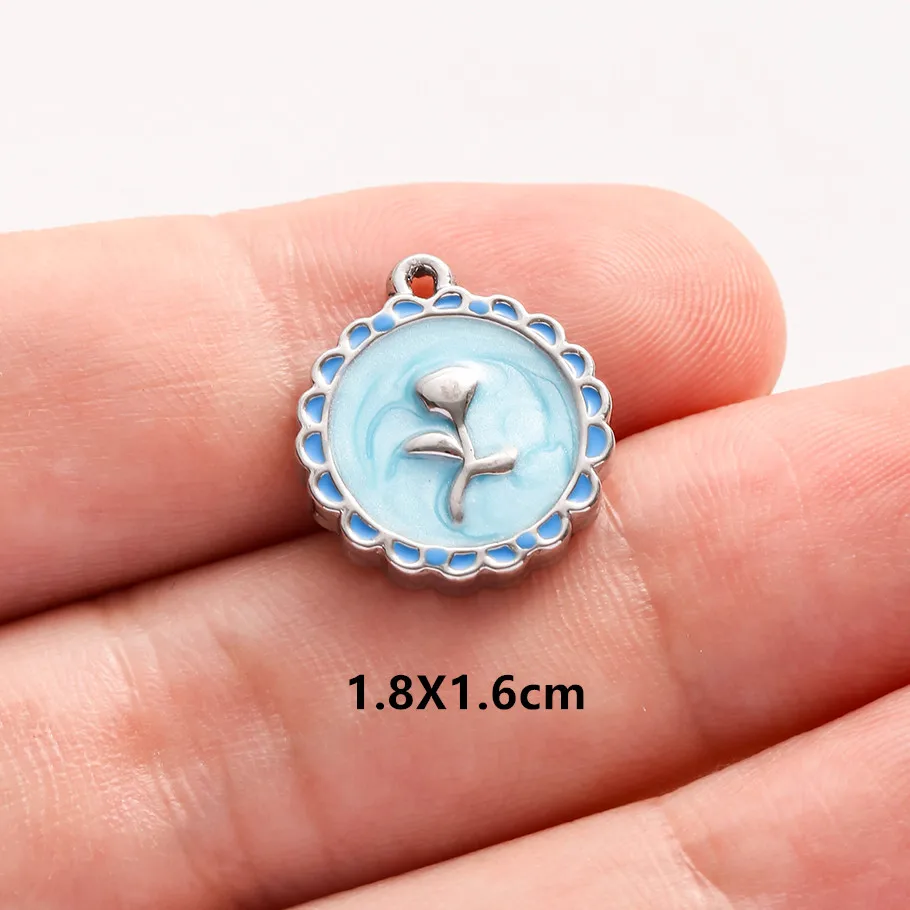 2 Stück Edelstahl-Anhänger mit blau-rosa Emaille, modischer Pflanzen-Charm, natürliche Perlenblumen-Anhänger für die Schmuckherstellung, Halsketten, Großhandel – Detail 20