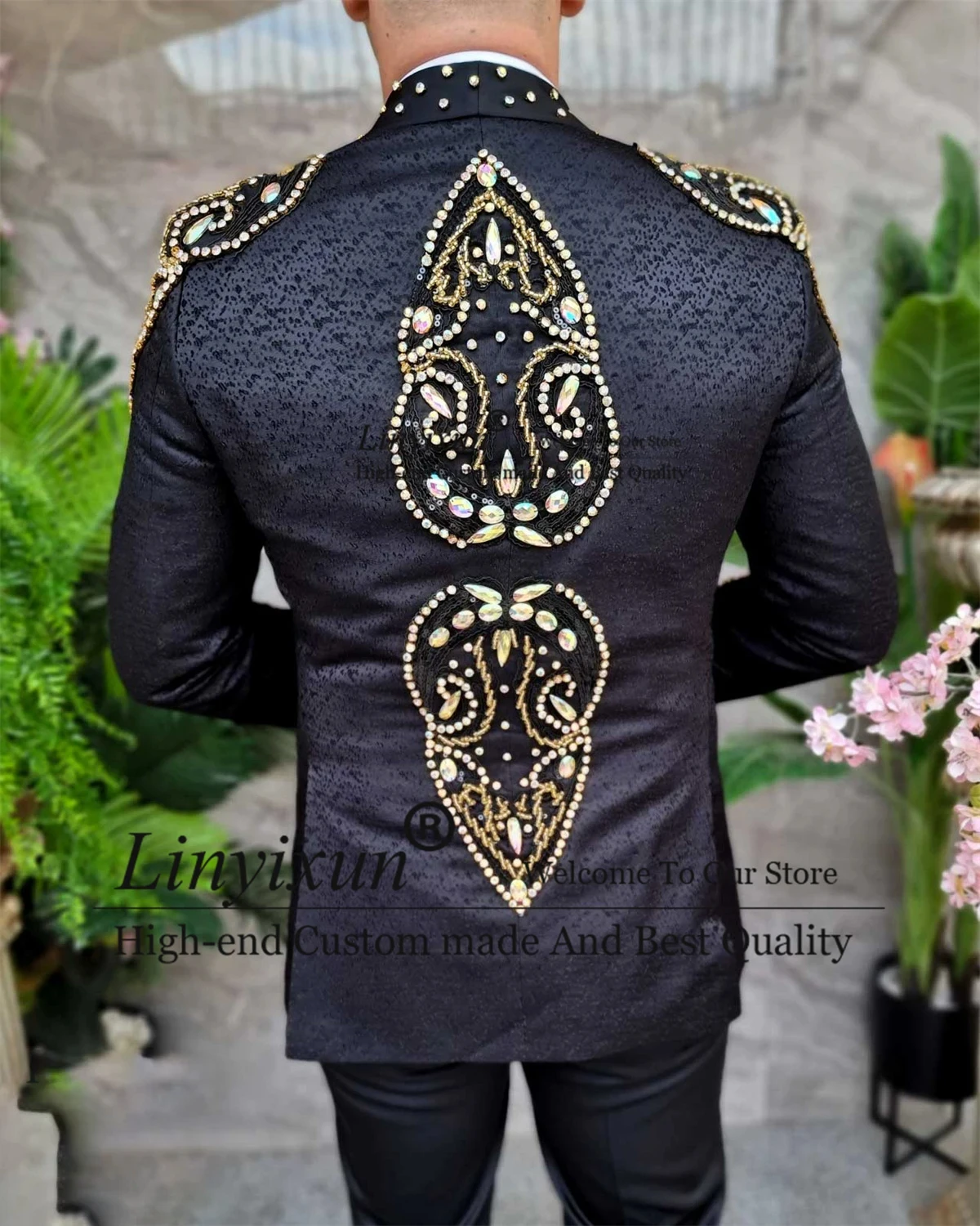 Luxury Jacquard Groom Tuxedos Gold Embroidered Stone Men Suits 3 Pieces Sets Male Dinner Prom Blazers Slim Fit Costume Homme