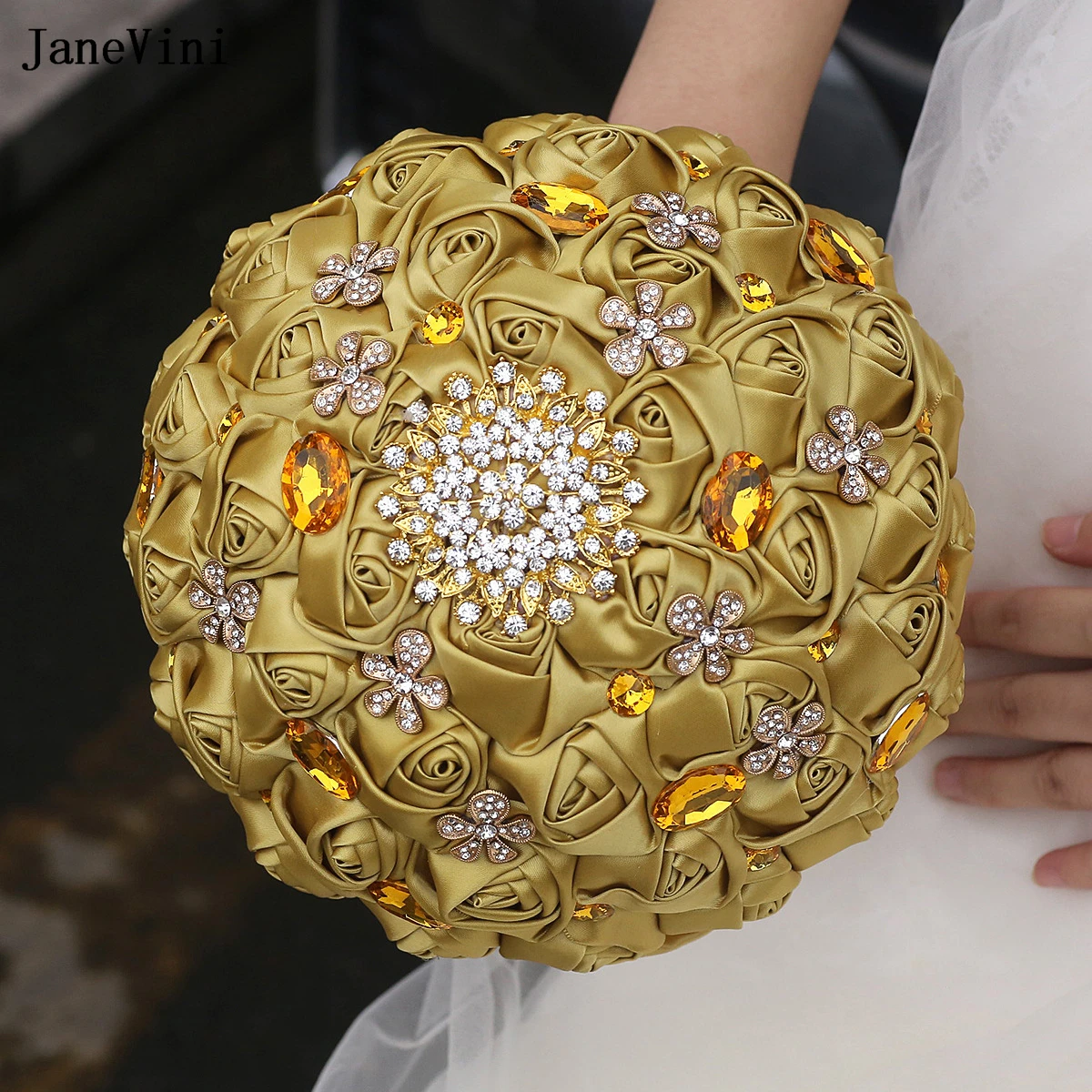 

JaneVini Elegant Light Gold Wedding Bouquets Bling Rhinestones Handmade Satin Roses Bridal Holding Flowers for Bride Quinceanera