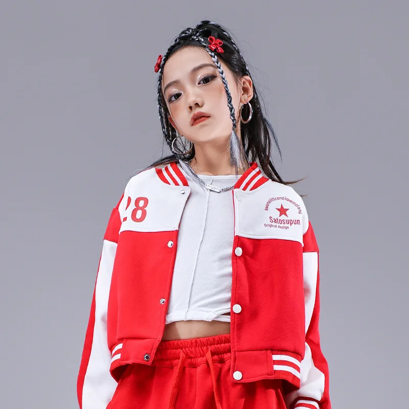 Ropa de Hip Hop para niñas, Top de empalme rojo y blanco, pantalones de chándal para correr de calle roja para niños, traje de baile de Jazz