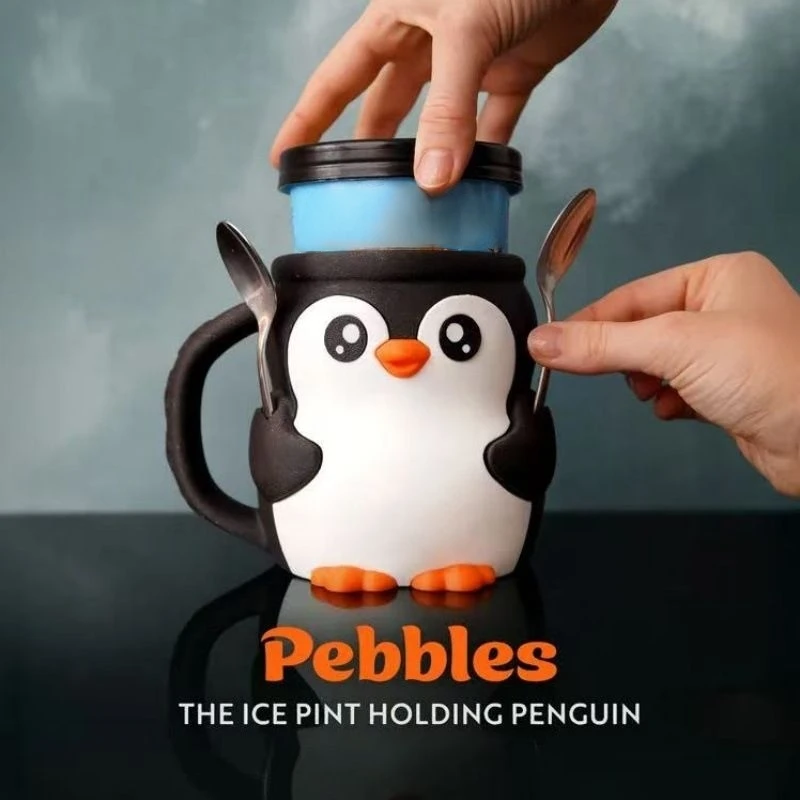Cute Penguin Ice Cream Pint Holder 3D Printed Ice Cream Cozy Reusable Leak Proof Insulated Popsicle Sleeve Container with Handle