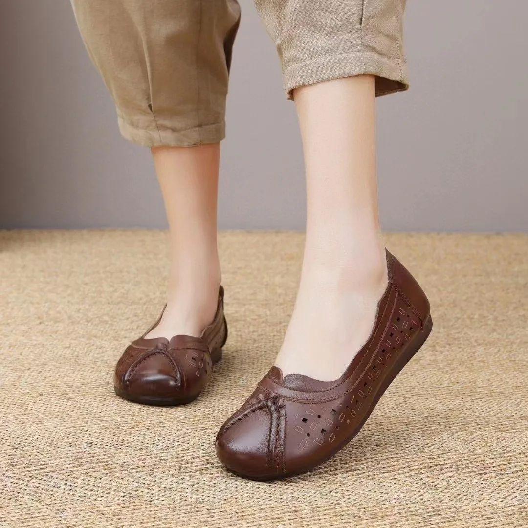 New hollow out ballet flats women's retro slip on shallow shoes woman genuine leather moccasins ladies soft top quality loafers