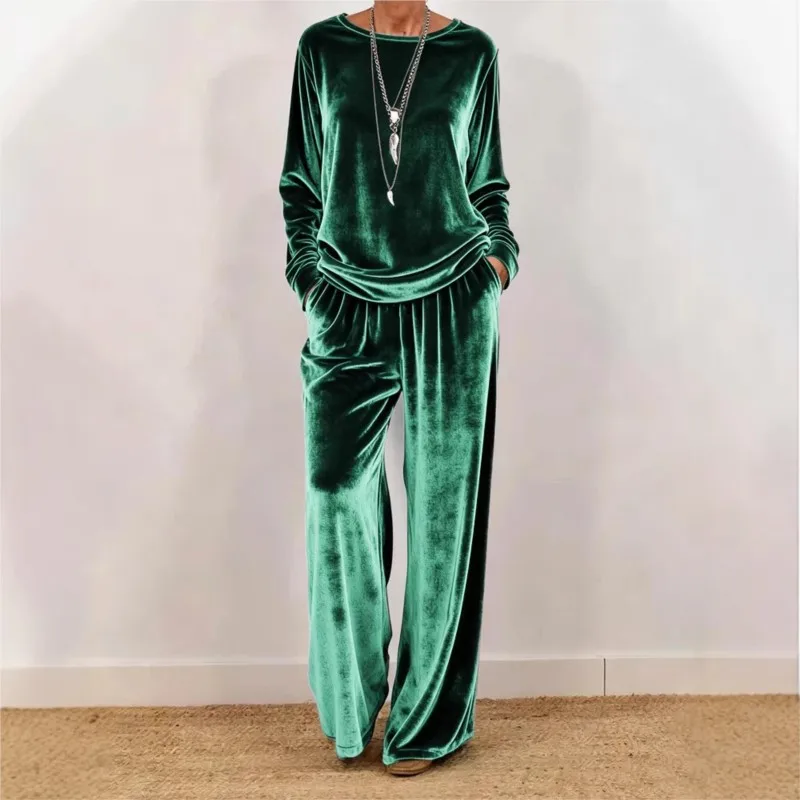 

Women's Spring Autumn Velvet Two Piece Suit Fashion Solid Color O-Neck Top+Wide Leg Pants Set Ladies Loose Comfortable Outfit
