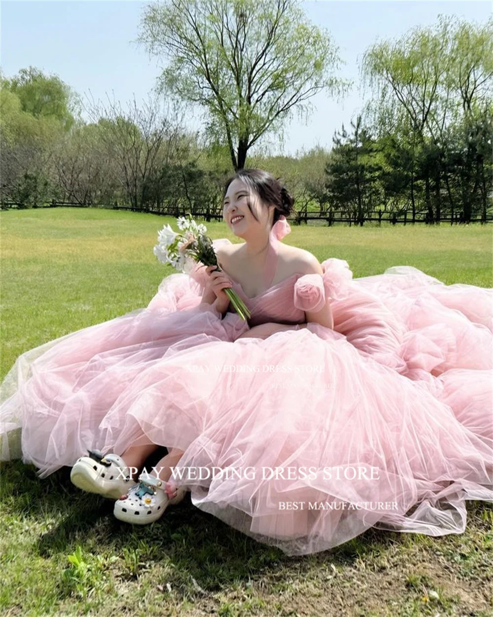 XPAY Princess Pink Korea Evening Dress Off Shoulder Wedding Photos Shoot Prom Gowns Fairy Tulle Corset Formal Occasion Dress