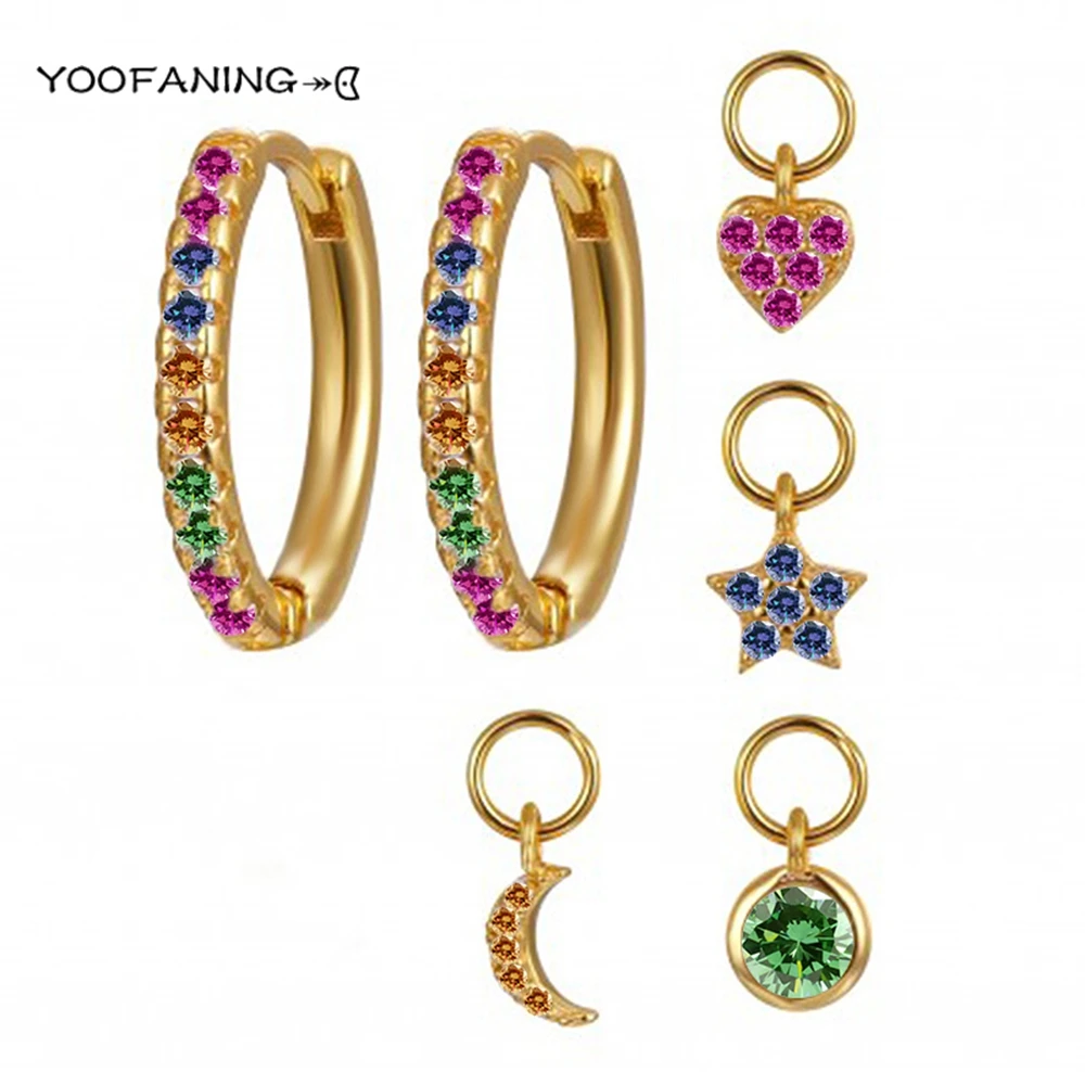 Aguja de oreja de Plata de Ley 925, formas circulares, exquisitas estrellas de circón multicolor/luna/diseño, pendientes para mujer, regalos de joyería