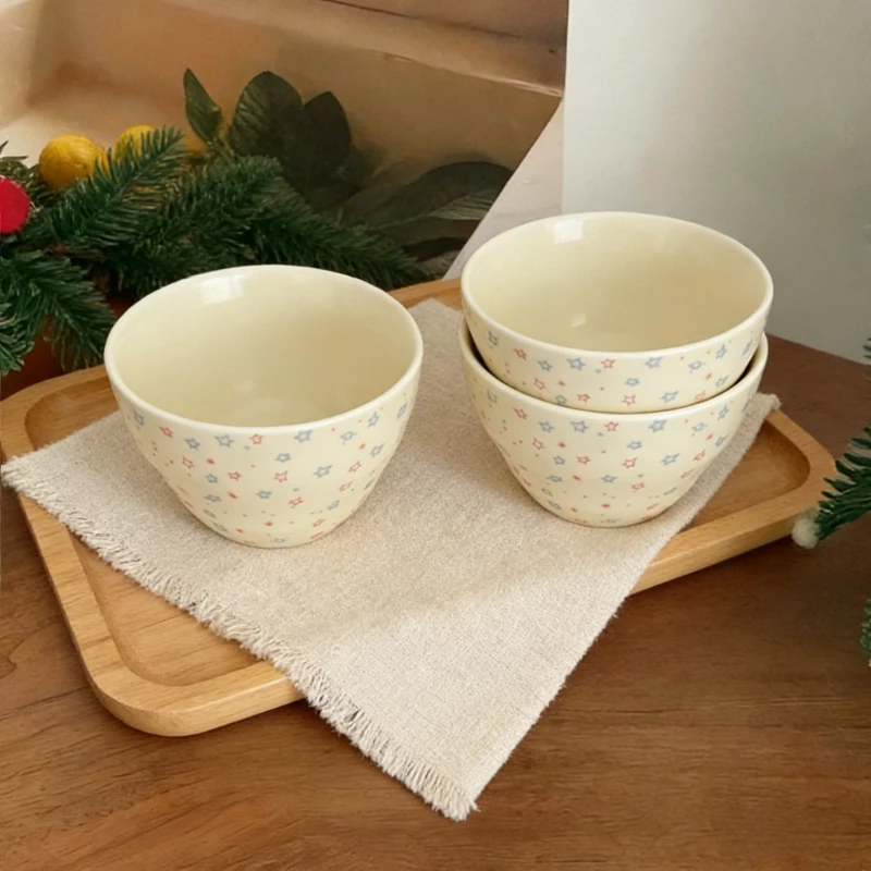 Colorful Stars Girlish Heart Korean Style Ceramic Bowls Large Capacity Salad Bowls Yogurt Bowl Breakfast Bowl Dessert Bowl Set