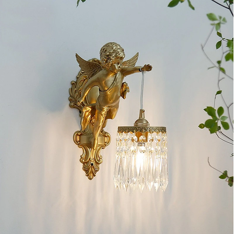 

French Angel Golden Wall Lamp Indoor Vintage Decor Sconce Crystal Light Parlor Aisle Stair Wall Light Dining Bedroom Porch Light