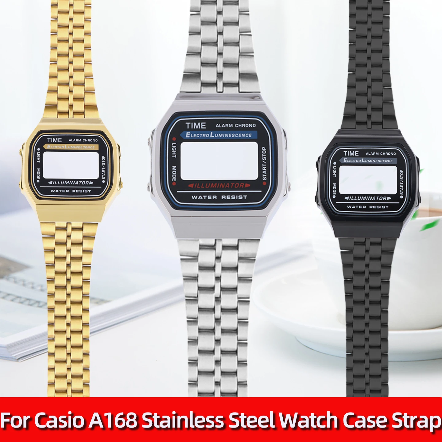 Для Casio Small Square A168 корпус часов из нержавеющей стали, обновленный ремешок, модификация A-168, металлический корпус, браслет, цепочка для часов, золотой, черный