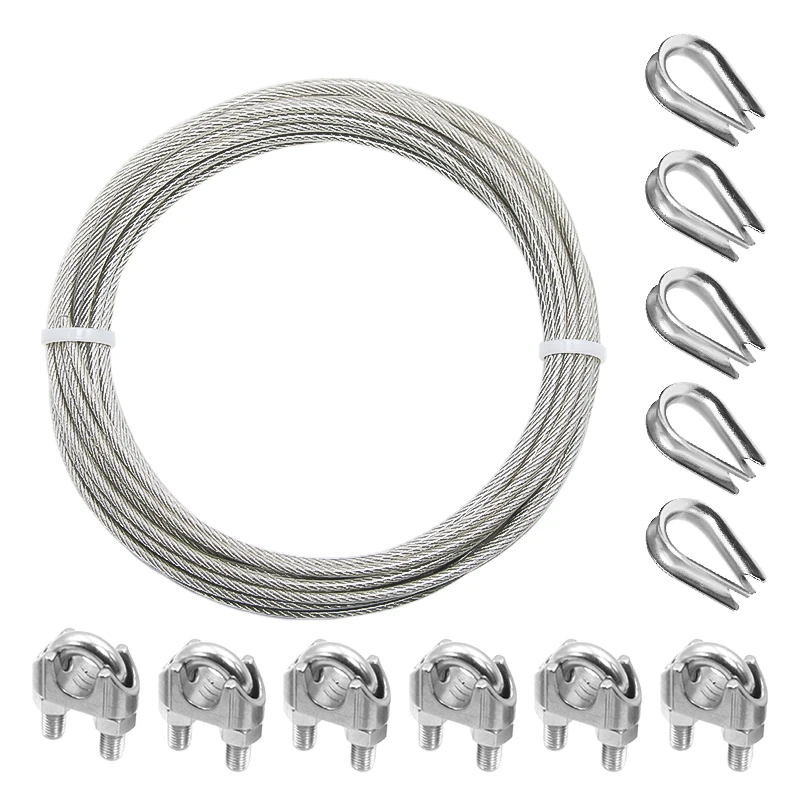 33/66ft stainless steel cable rope kit, steel wire cable rope, PVC transparent coating, used for garden guardrails