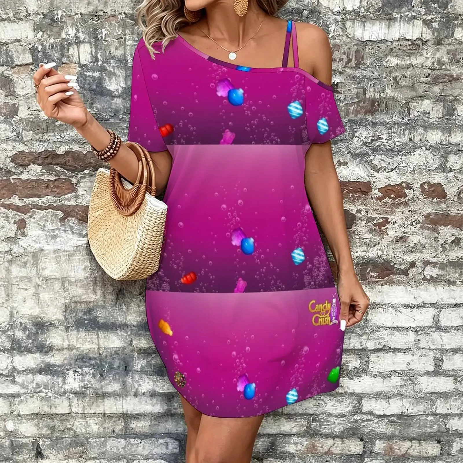 candy crush soda saga Women's Slanted Shoulder Single Strap Short-Sleeved Dress