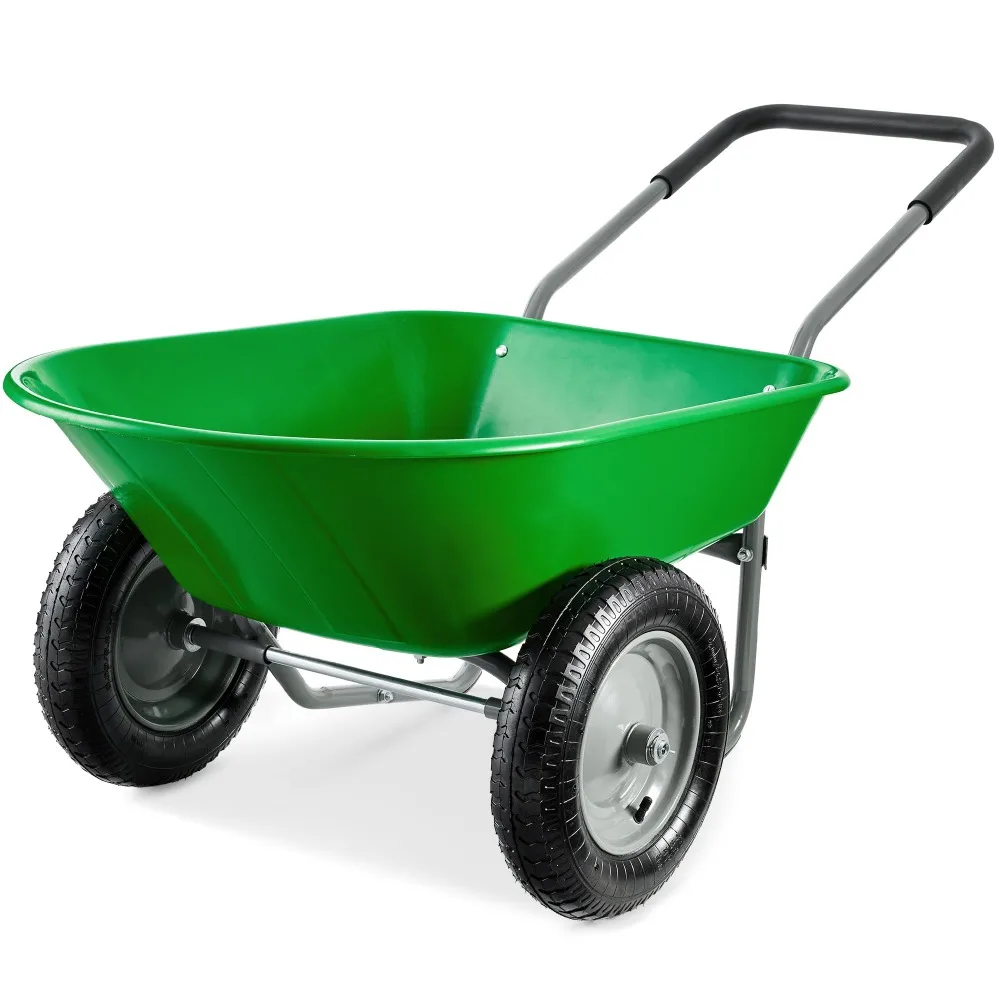Dual-Wheel Home Utility Yard Wheelbarrow Garden Cart w/Built-in Stand for Lawn, Gardening, Construction - Bright Green