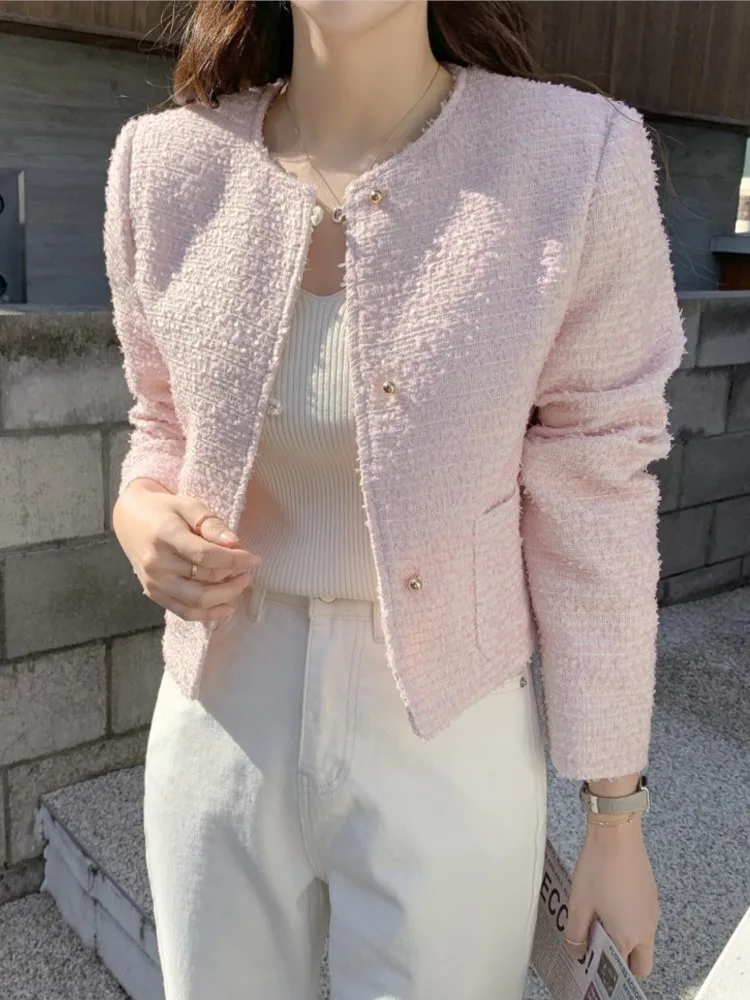 Spring Tweed Pink Coat Women Long Sleeve Casual Loose Fashion Ladies Cropped Jackets Korean Style Woman Coats Manteau Femme