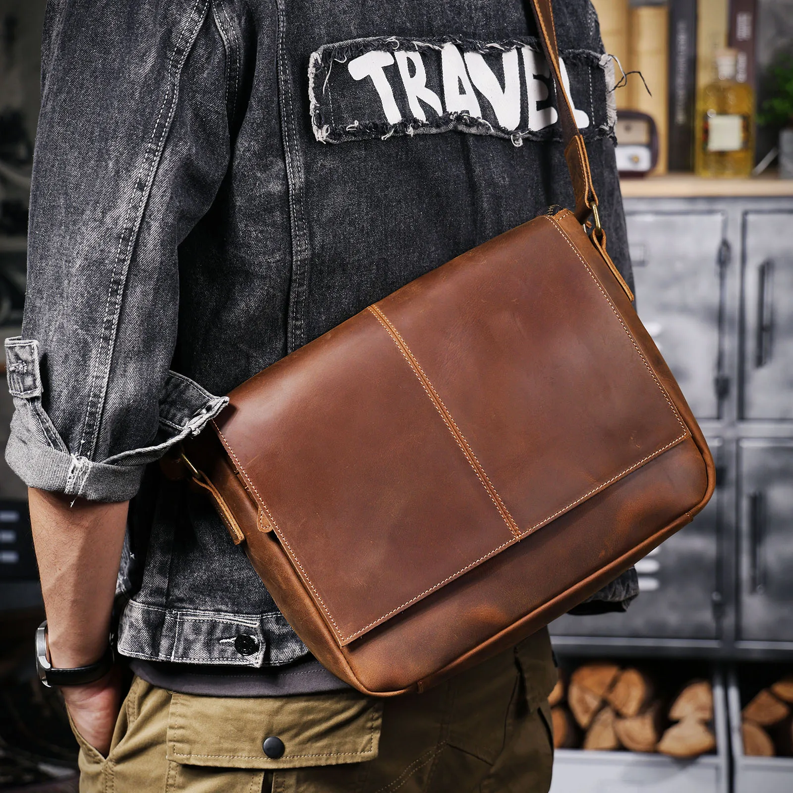 Vintage Herren-Aktentasche aus echtem Leder, 15-Zoll-Laptoptasche, Messenger-Taschen für Arbeit und Business, Crazy Horse Rindsleder-Handtasche für Männer, La – Detail 7