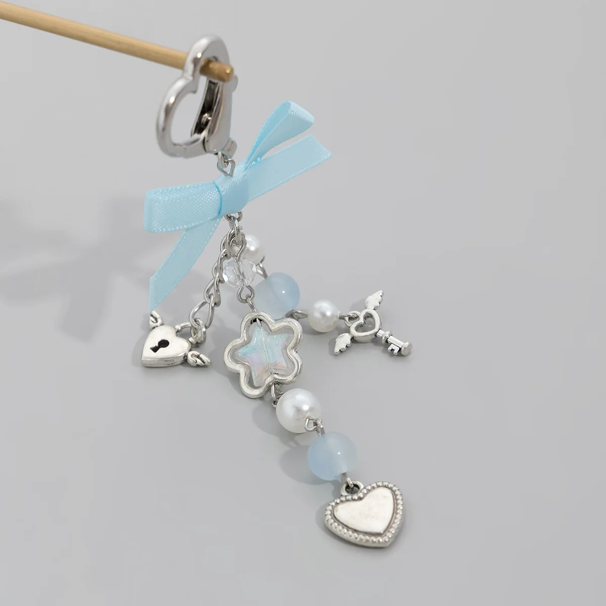 Korean Style Blue Ribbon Bow Keychain Heart Wings Pendant Simple Imitation Pearl Hanging Ornaments Women Accessories