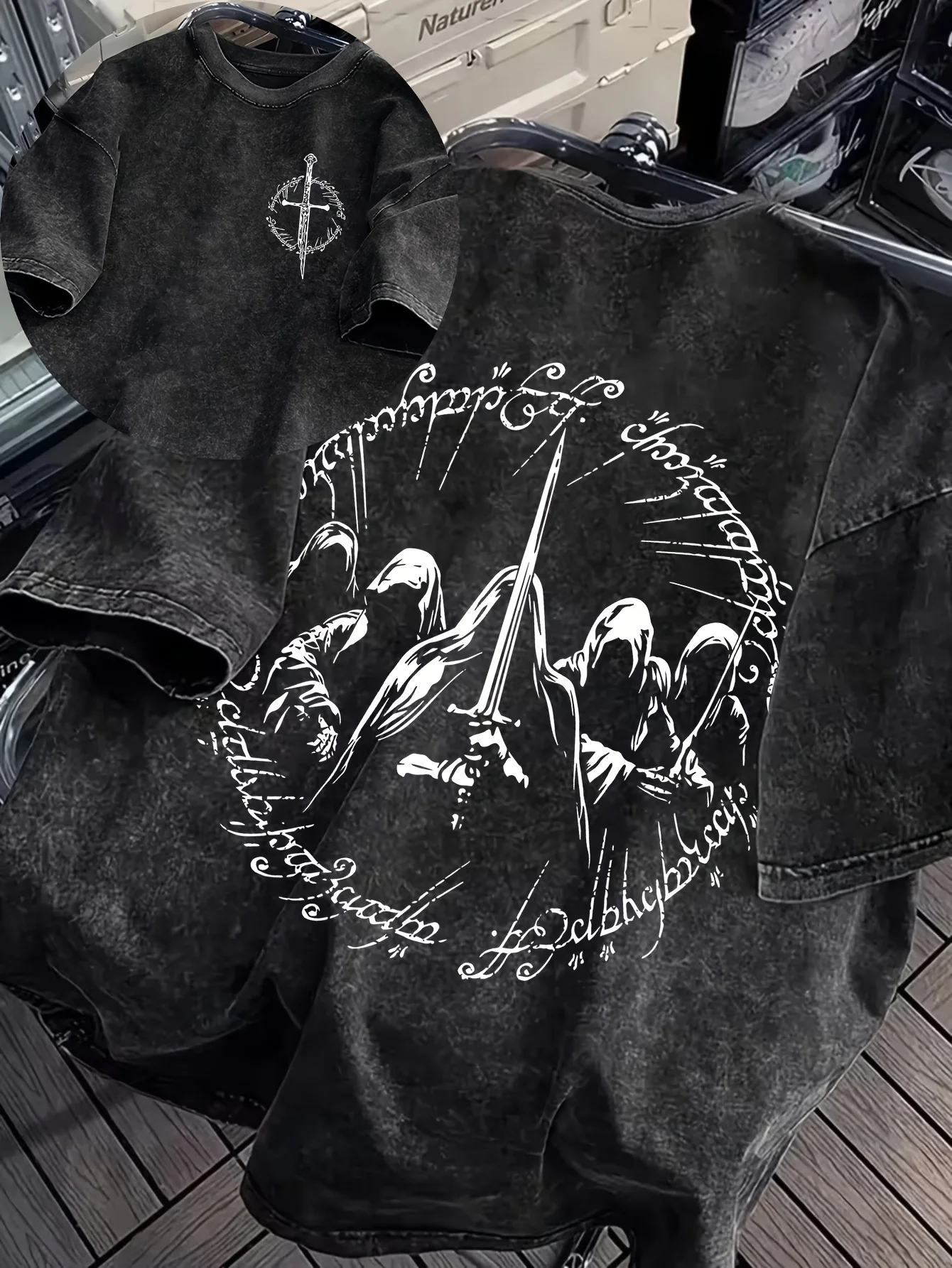 Washable Crew Neck T-shirt Lord of The Rings Silhouette Sword Illustration Print Unisex Casual Versatile Loose T-shirt