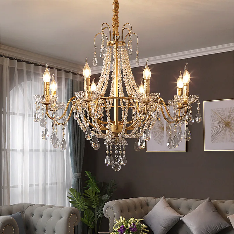 Middle Villa for Living Room Dining Room Bedroom Duplex Chandelier American Crystal Lamp French Retro Style Pearl Chandelier