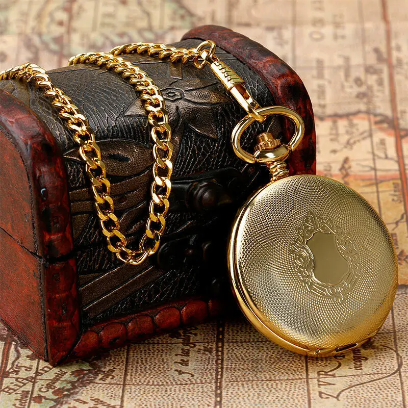 New Arrival Vintage Style Gold Shield Roman Numerals Automatic Movement Mechanical Pocket Watch w/Chain Best Gift