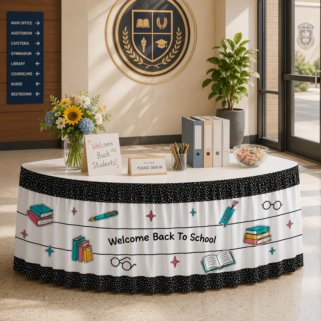 Table flag table skirt 1 piece, welcome back to school, colored book pen glasses star glitter border printing decoration
