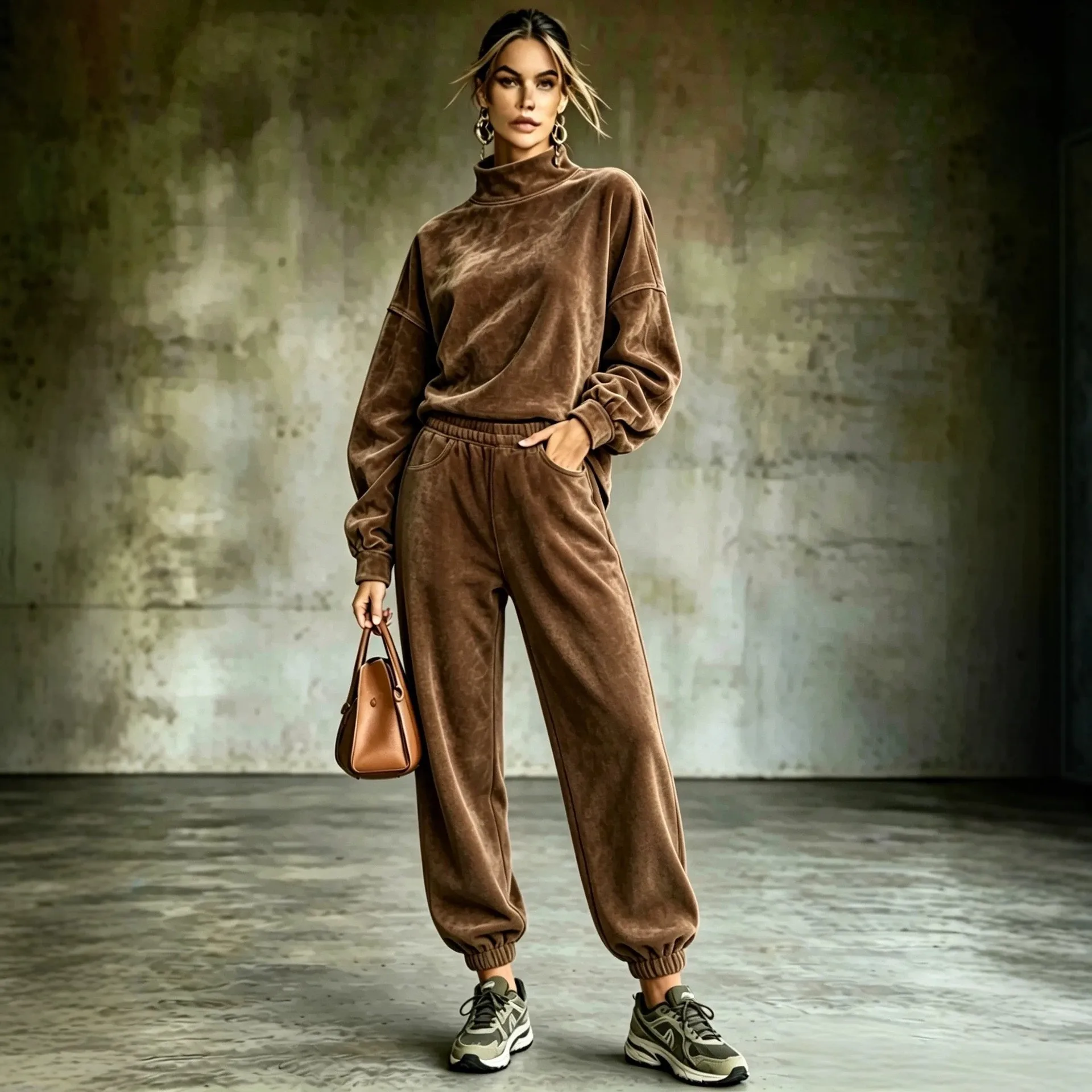 Fashion suede suit semi-turtleneck top casual pants two-piece set