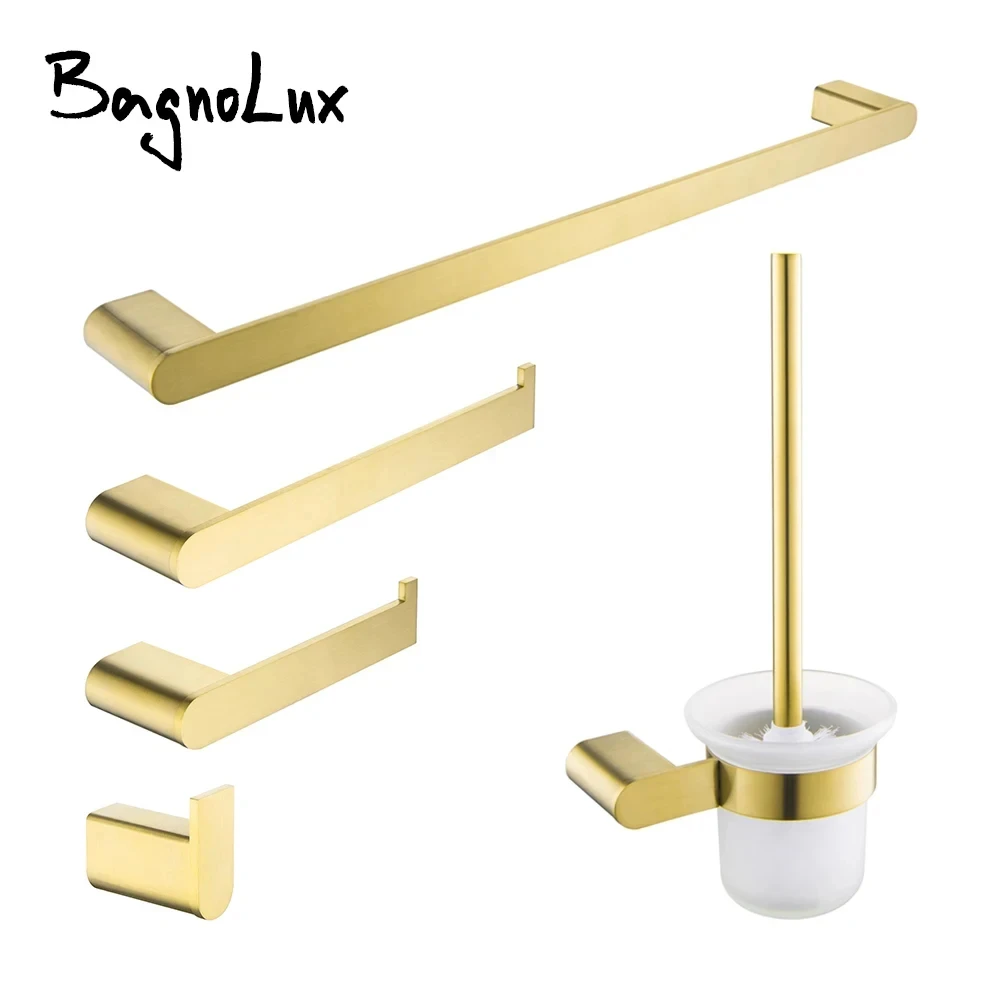 

Brushed Gold Stainless Steel Wall Mounted Hand Towel Bar Toilet Paper Holder Robe Towel Hooks Bathroom Accessories Set Kit