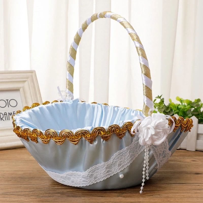 Flower Girl Basket with Handle Small Large Satin Cloth Baskets with Lace Artificial Flower Decor for Wedding Ceremony Dropship