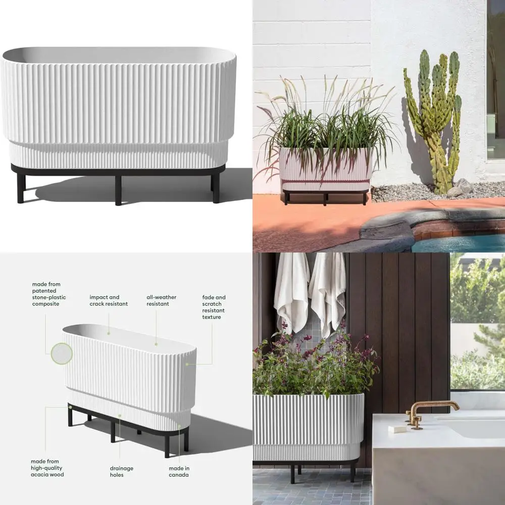 

Raised Long Planter Indoor/Outdoor | Plastic & Stone Material with Wooden Stand | Modern Patio Decorative Feature