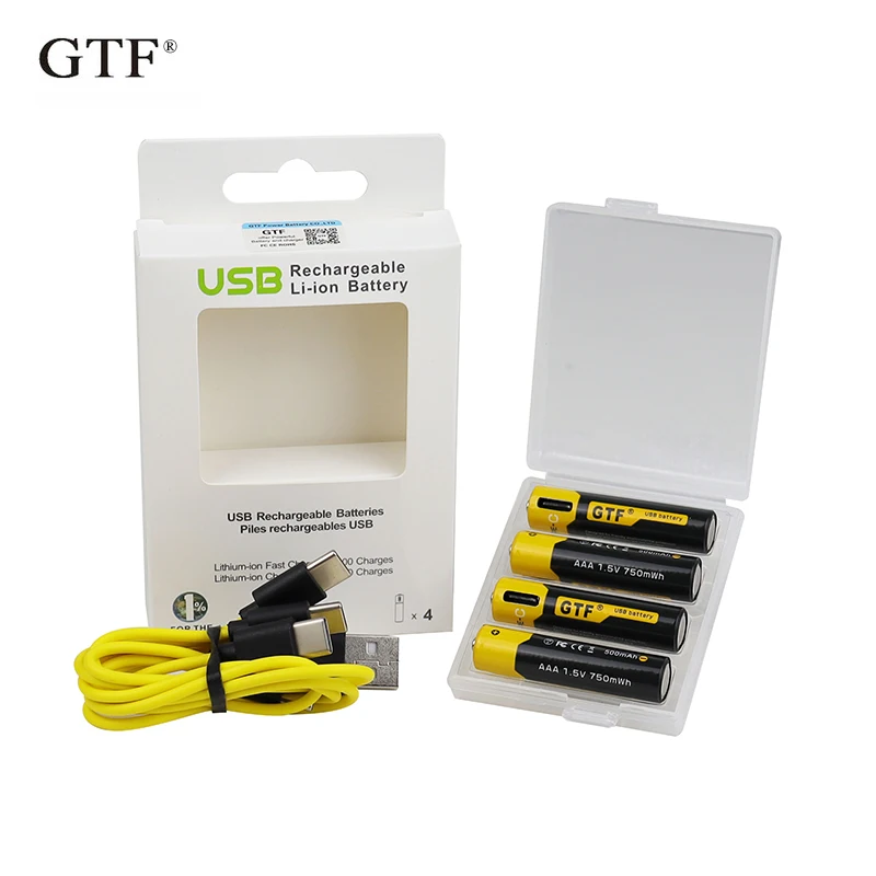 

2022 NEW 1.5V AAA battery USB Type-C Charging Battery 500mah 750 mWh Lithium ion + 4 in 1 USB Type C cable battery box