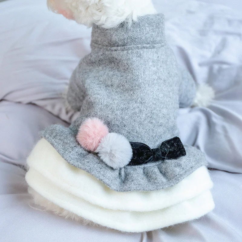 1PC Pet Clothes Cat Autumn/Winter Thick Double Ball Bow Grey Princess Skirt Suitable for Small and Medium sized Dogs