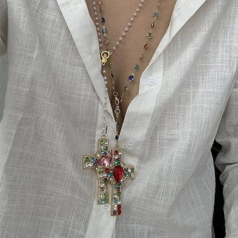 

Преувеличенное модное длинное жемчужное ожерелье с крестом и цирконом Y-образной цепочкой на ключицу для мужчин, осенний сезон