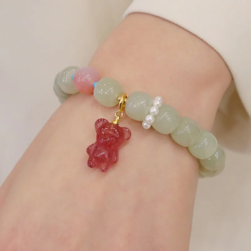 

Natural Hetian Jade Bracelet with Cute Strawberry Quartz Bear Ins Stylish Symbolizing Harmony and Positivity, Ideal for Gift