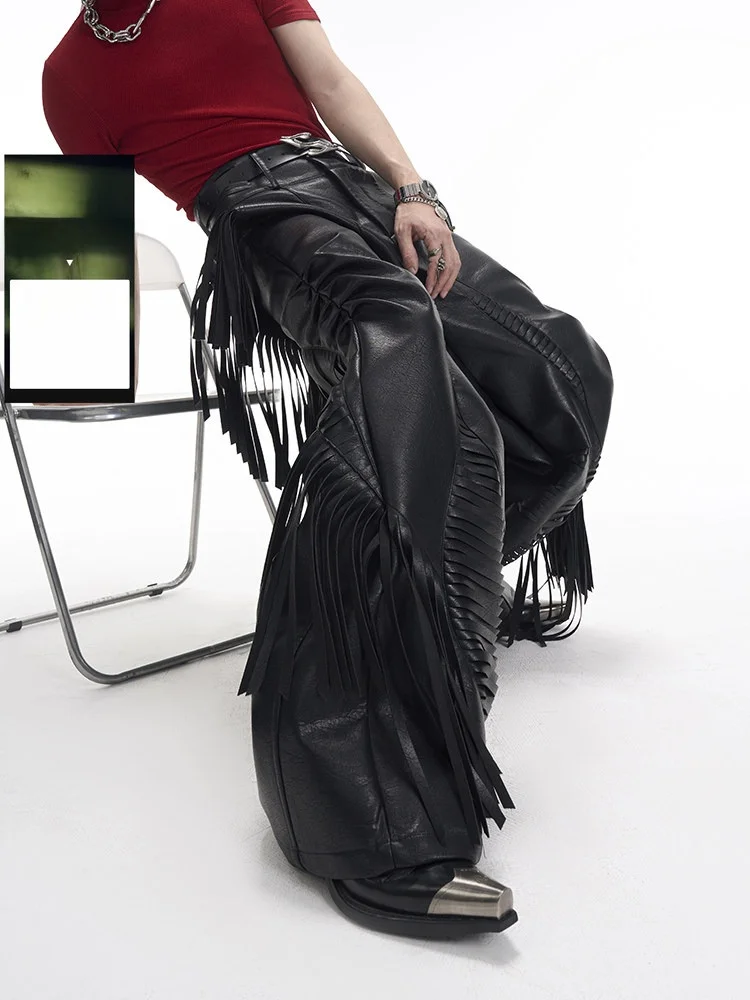 

Мужские брюки из искусственной кожи с оригинальным дизайном и бахромой, модные прямые джинсы в уличном стиле, молодежные повседневные осенние