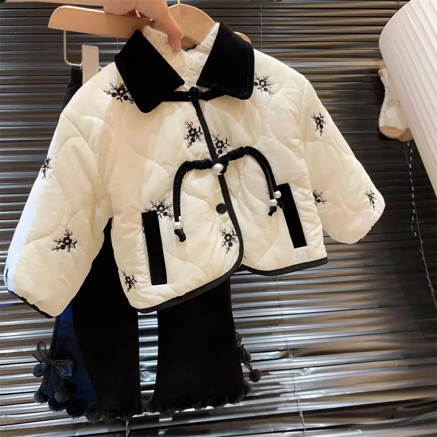 Overcoat New Girl Loose Coat Autumn Winter Baby Childrens Clothing Retro Style Cotton Thick Turn Down Collar 2024 Fashion