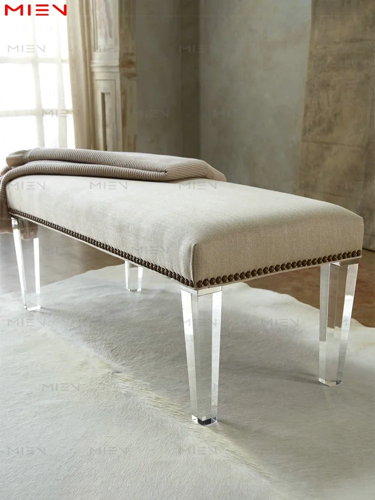 Exquisite Piano Bench Acrylic Feet Bed End Stool Shoe Changing Stool Transparent Leg Bench Linen Fabric Organic Glass Feet