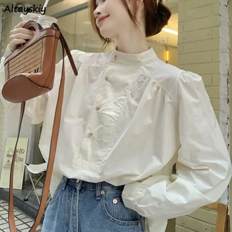 Vintage Shirts Women Apricot Stand Loose Long Sleeve Graceful French Style Streetwear Y2k Tops Popular Basic Office Lady Chic