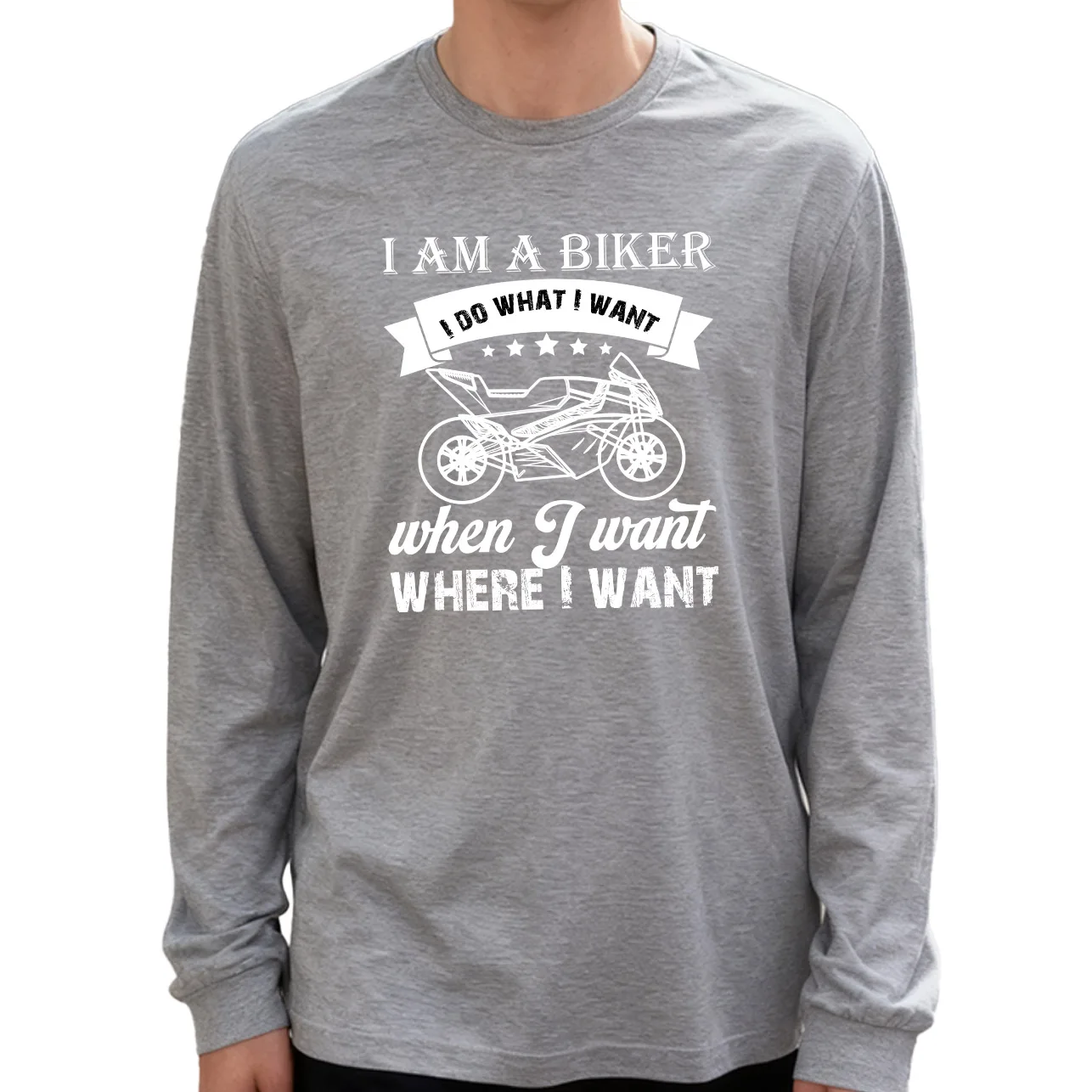 I Am a Biker メンズ長袖Tシャツ 綿100% 180g クルーネック カジュアル デイリースタイル 柔らかく通気性あり